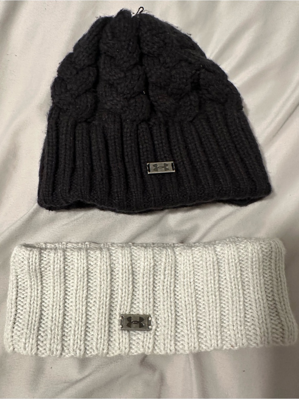 Bundle! Under Armour Cable Knit Beanie and Ribbed Headband - Black & cream